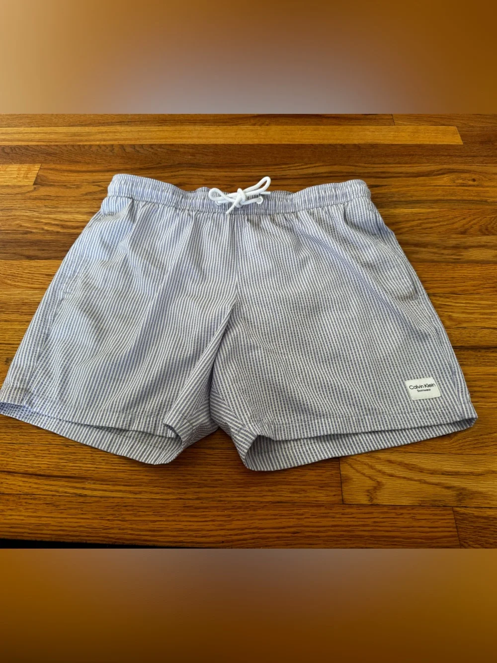 Calvin Klein Blue and White Striped Men's Swim Trunks